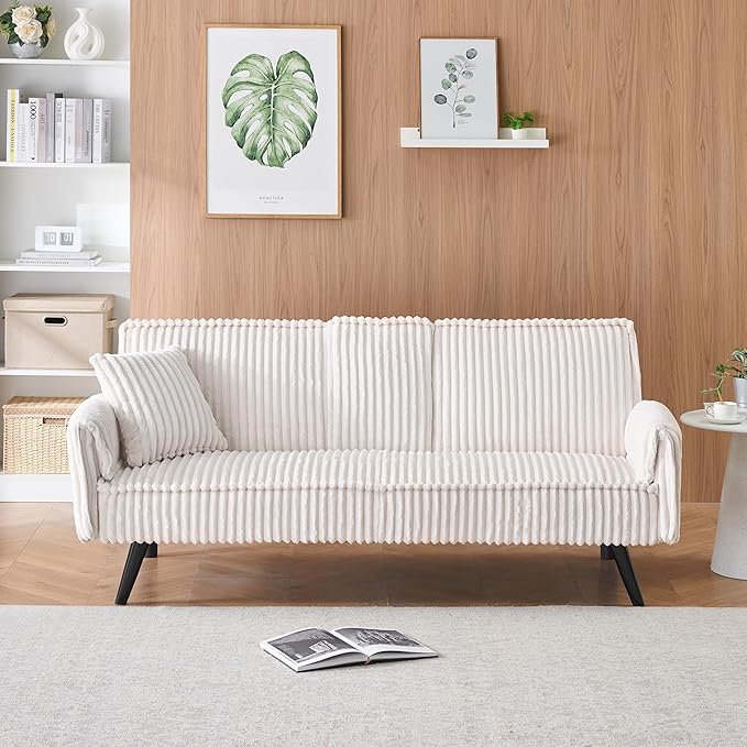 72" Convertible Sofa Bed with Foldable Cup Holder,Straight-line Corduroy Sofa,Suitable for Living Room,Bedroom,White