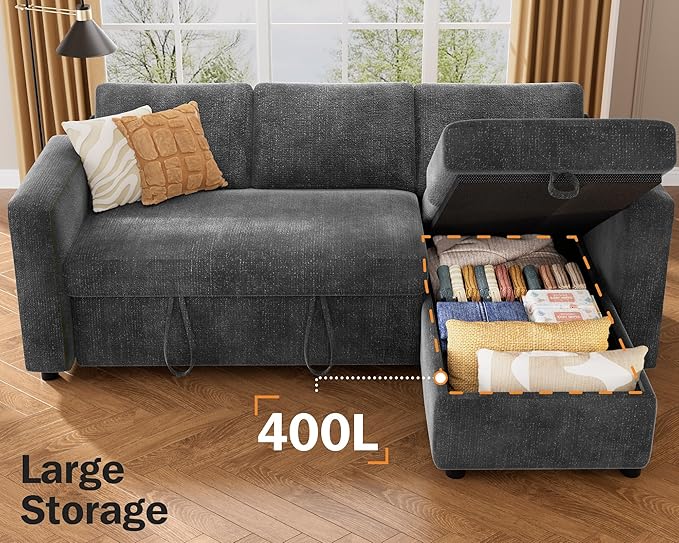 Vipbear 82" Sectional Sleeper Sofa with Pull Out Bed, L Shaped Couch Sleeper Sofa Bed, Pull Out Couch with Reclining Backrest, Reversible Storage Chaise, USB Ports, Tool-Free Assembly, Chenille Grey