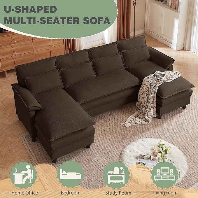 105" Convertible Sectional Sofa, U Shaped Comfy Cloud Couch with Double Chaise and Padded Armrests, Modern Upholstered 4 Seater Sofa for Living Room, Apartment, Office, Coffee