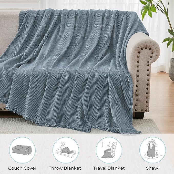 Sectional Couch Covers 2 Pieces, Chenille L Shaped Couch Cover Blanket for Sectional Sofa with Herringbone Pattern Washable Sofa Slipcovers (XX-Large: 71" x 118" + 71" x 118", Blue)
