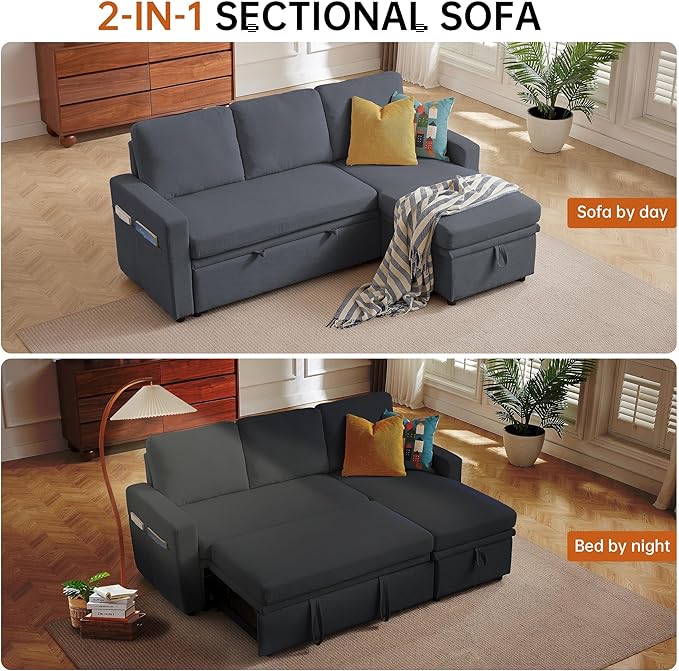 Sleeper Sofa Bed, Convertible L Shaped Sofa | Pull Out Bed with Reversible Storage Chaise | Layered Storage | Side Pockets | 3-Seater Comfy 79" Sectional Pullout Couch for Living Room, Dark Grey