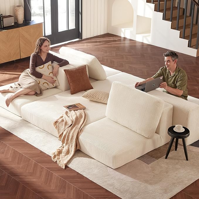 Modular Sectional Sofa, 80.31" Modern Cloud Couch Sectional Sofa with L-Shaped Chaise Comfy Corduroy Fluffy Couch with Deep Seat Boneless Couches for Living Room Bedroom, White