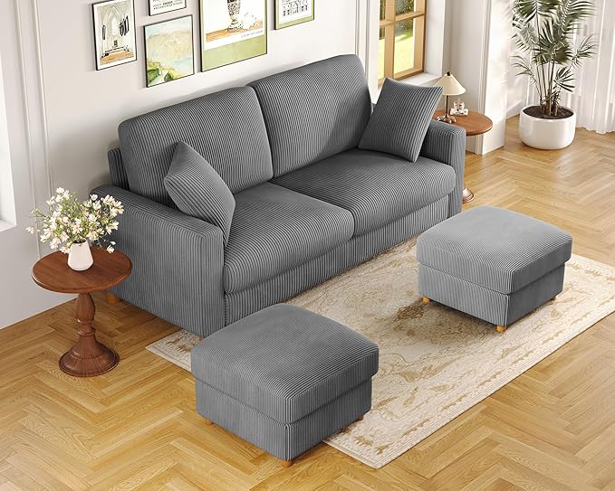 Kidirect 70in U Shaped Couch, Modular Sofa No Tool Assembly, Comfy Sectional Couches for Living Room 21in Deeper Seats, Corduroy Sofas for Living Room with 2 Pillows, Loveseat Sofa Set, Grey Couch | Comfy Corduroy, Oversized 70in Couch, 700LB Tough, To...