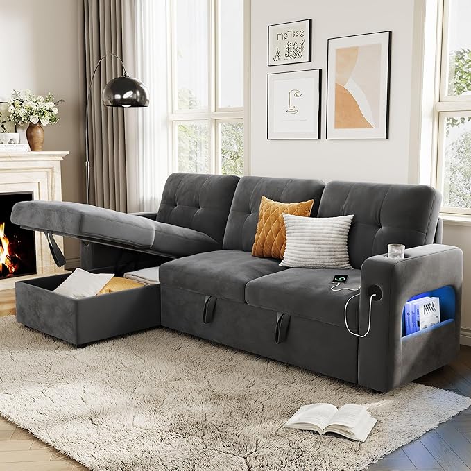 GarveeHome 84 Inch Sleeper Sofa Bed, L-Shaped Sofa, Convertible Pull Out Couch Bed with Storage, Charging Station, LED Lights, Modern Sectional Sofa for Living Room, Apartment, Velvet, Dark Grey