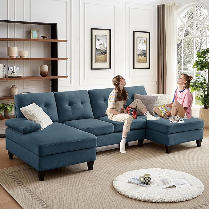 111" Sectional Couch for Living Room, Modern Polyester Fibre U Shaped Sofa Couches with Double Chaise, Upholstered 4 Seater Sofa for Living Room, Apartment, Office, Blue