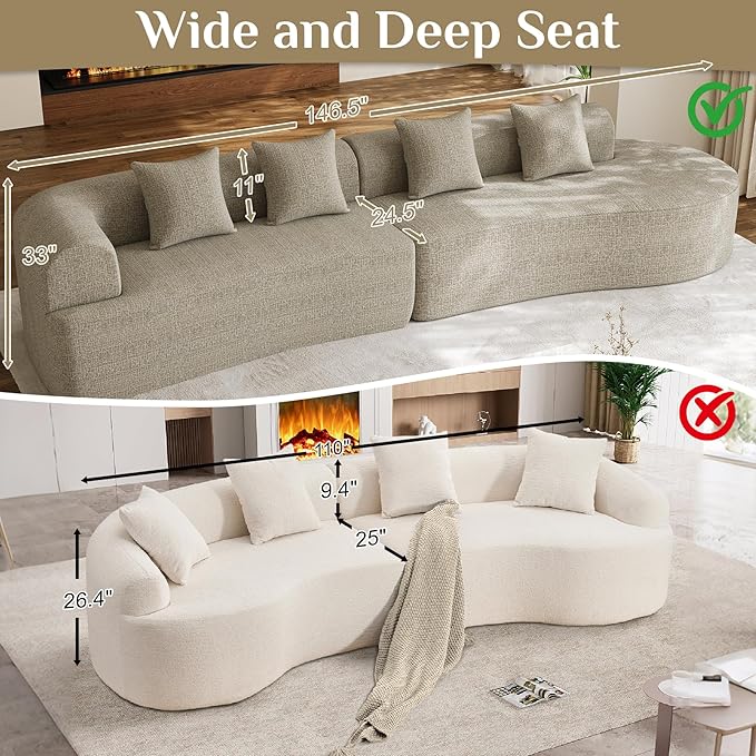 147" Oversized Sectional Sofa for Living Room, Large Modern Chenille Curved Cloud Couch, Luxury Plush 6-Seater Extra Deep Seat Boucle Boneless Couch, No Assembly Required, Light Brown