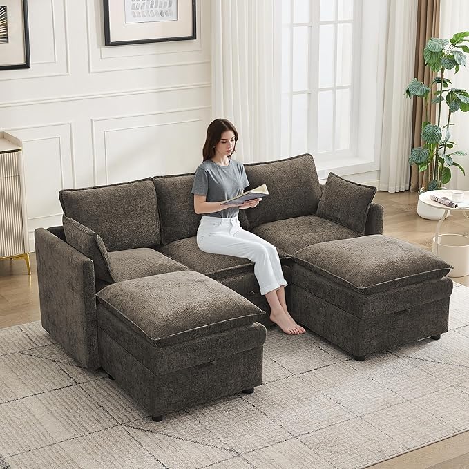 80" Cloud Modular 3 Seater Sofa with 2 Storage Ottoman, Modern Upholstered Storage Sofa Couch Deep Seat, U Shape Sectional Sofa Chenille Comfy Couch with Armrests for Living Room, Small Space, Brown | Modular Sofa, Storage Ottoman, Upholstered Sofa, Se...
