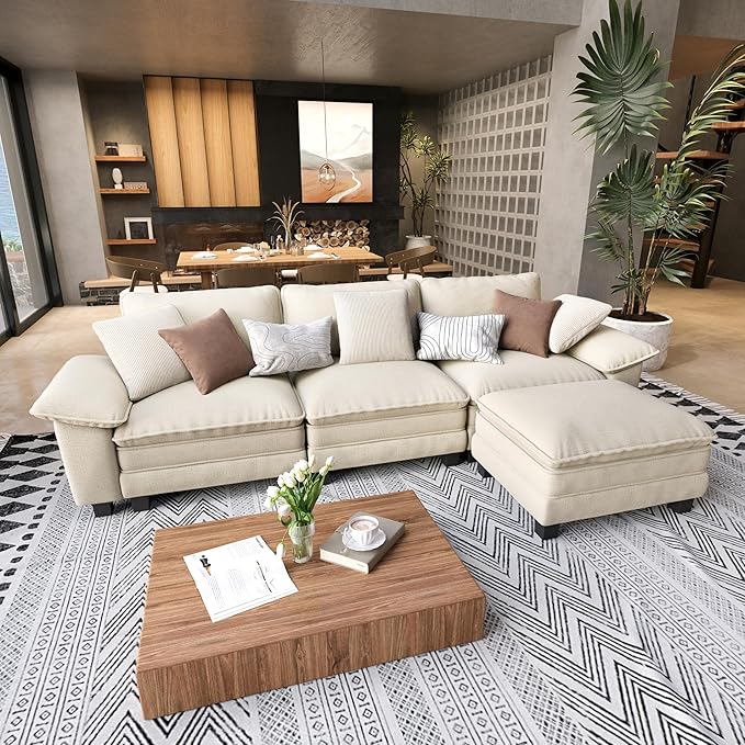 L Shaped Modular Cloud Couch, 123.6'' Comfy Chenille Sectional Sofa with Wider Armrest and Ottoman, Upholstered 4-Seat Modern Deep Seat for Bedroom Living Room, Beige