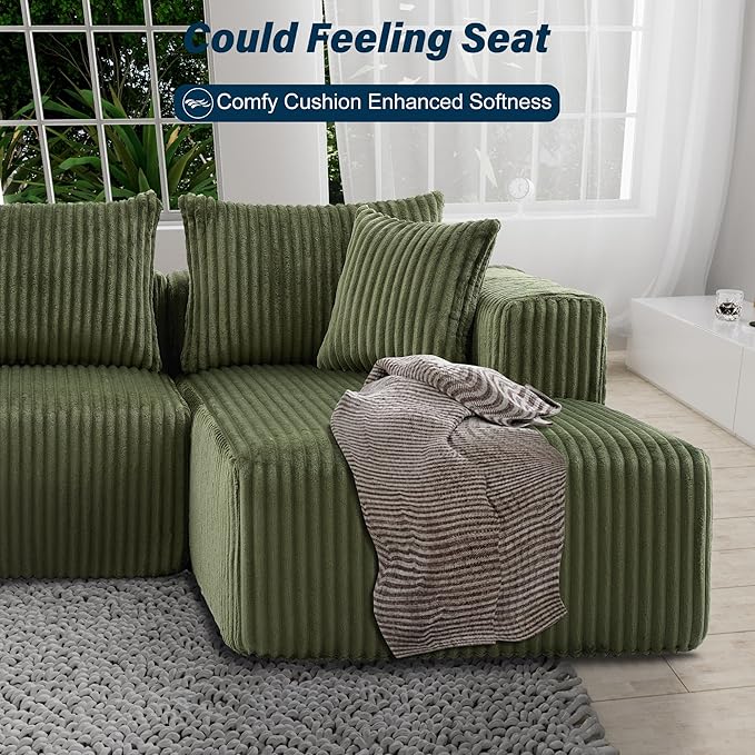 3 Seater L Shaped Sofa with Deep Seat, 101" Cloud Sectional Couch with Chaise, Cozy Modular Couches Sleeper, Oversized Corduroy Sofa for Living Room Bedroom Apartment, Green