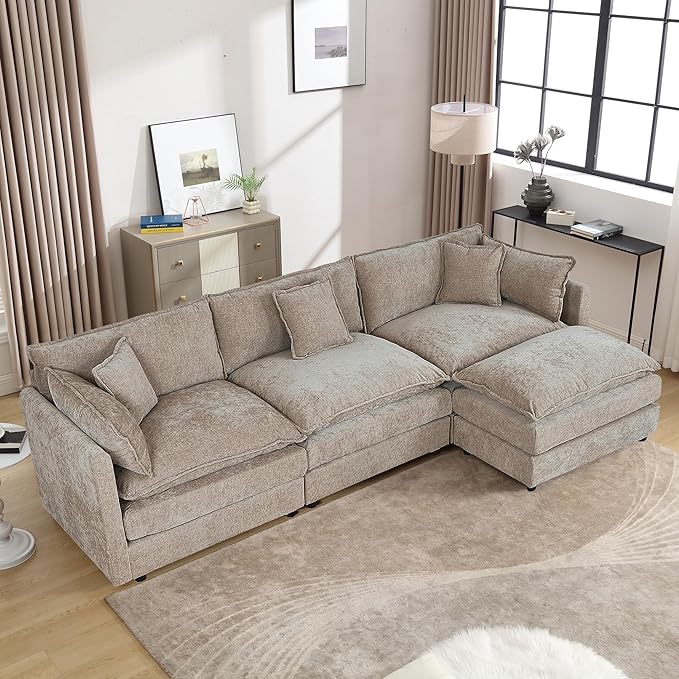 Setawix Deep 3 Seater Couch with Ottoman,112.2" L-Shaped Cloud Couches for Living Room,Chenille Cloud Sofa Couch with Deep Seat,Modular Sectional L Shape 3 Seat Sofa for Bedroom (Coffee, 3+1)