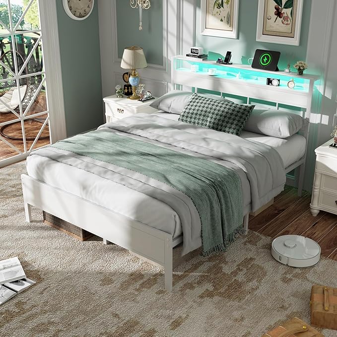 Furnulem Queen Bed Frame with Storage Headboard and LED Lights, Metal Bedframe with Charging Station and USB Port, Queen Size Platform Bed with Heavy Duty Slats, No Box Spring Needed, White