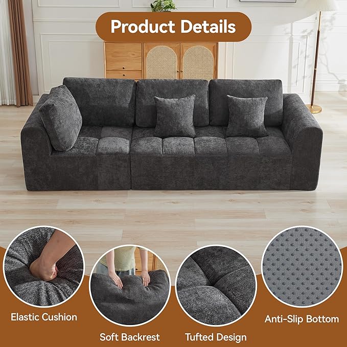 110''Modular Sectional Couches for Living Room, Cloud Boneless Compressed Sectional Sofa, Oversized 3 Seater Upholstered Memory Foam Sofa, No Assembly, Chenille Grey