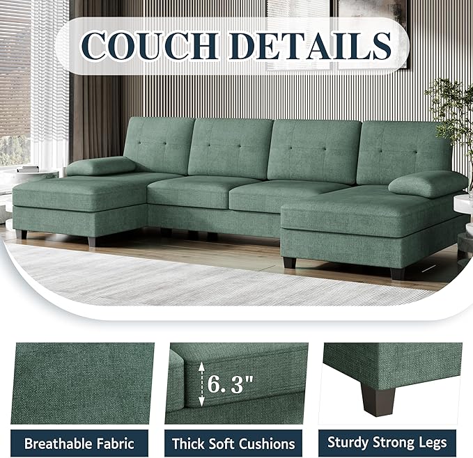 Meilocar Sectional Couches for Living Room, 106 in U Shaped Couch Soft Sectional Sofa with Double Chaise, Comfortable Fabric 4 Seat Sofa Couch for Apartment (Green)
