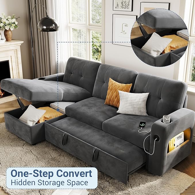 GarveeHome 84 Inch Sleeper Sofa Bed, L-Shaped Sofa, Convertible Pull Out Couch Bed with Storage, Charging Station, LED Lights, Modern Sectional Sofa for Living Room, Apartment, Velvet, Dark Grey