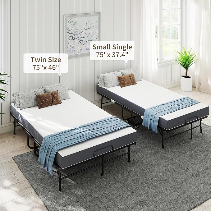 AQY Folding Bed with Mattress for Adults,75" x 38" Portable Rollaway Bed Guest on Wheels with Memory Mattress and Heavy Duty Sturdy Metal Frame,Foldable Bed for Adults and Guest, Twin Size,Cot Size