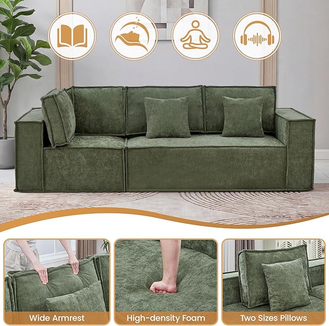 108'' Chenille Boneless Couch, Oversized Modular Sectional 3 Seater Sofa, Modern Deep Seat Corner Cloud Compressed Couch, No Assembly Sleeper Sofa with Chaise for Living Room, Green