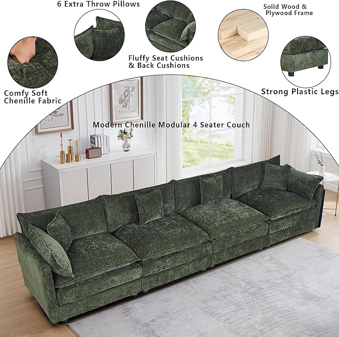 Setawix Chenille Cloud Couches for Living Room,4 Seater Cloud Sofa Couch with Deep Seat,147.22" Roomy Cloud Sofas,Modular Sectional 4 Seat Sofa with Pillows for Bedroom (Green, 4 Seater)