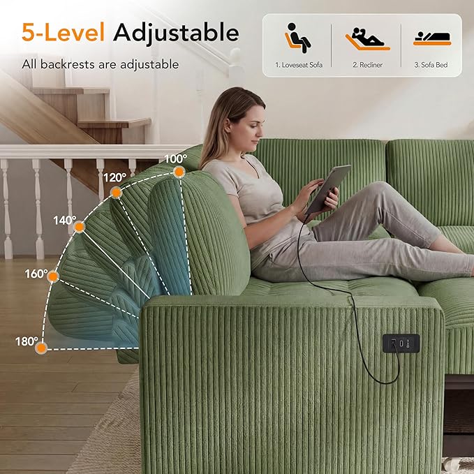 Vipbear Pull Out Sofa Bed Sectional Sleeper Sofa with Reclining Backrest & Storage, Plush Pullout Modular Sectional Couches with USB Charging, L Shaped Convertible Couch Bed for Apartment, Green | Breathable material, Tool-Free Assembly