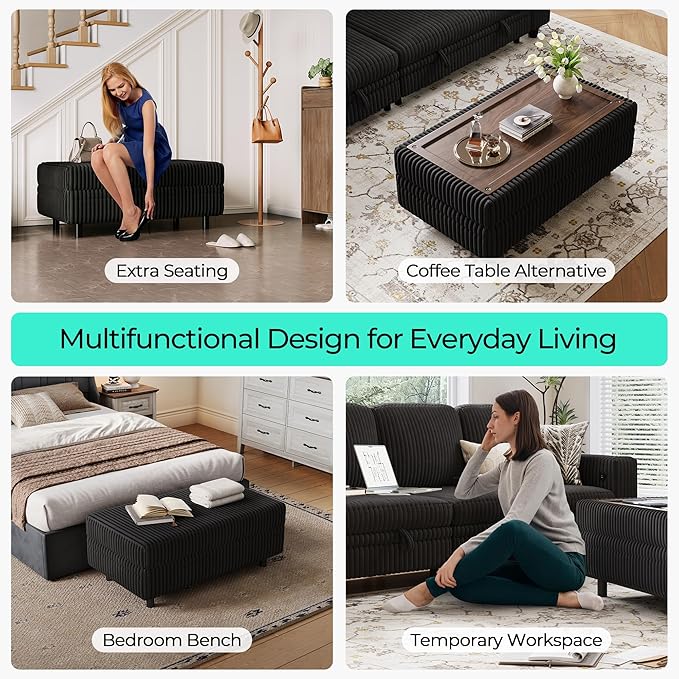 LINSY HOME Sectional Sleeper Sofa - Modular Ottoman Module (Black, Sleeper Sofa Ottoman) | Storage, Convertible, Coffee Table, Plush Corduroy