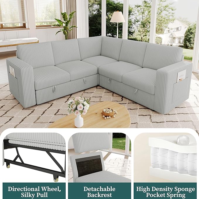 83.5" Sectional Sleeper Sofa with Pull Out Couch, Modern 5 Seat L Shaped Modular Couch, Sectionals Modular Sofa with Storage, Comfy Corduroy Couches Sectional for Living Room, Light Gray