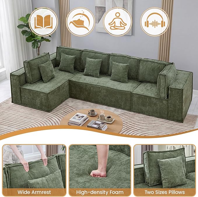 138'' Boneless Chenille L Shaped Couch, Oversized Modular Sectional 5 Seater Sofa, Modern Deep Seat Corner Cloud Compressed Couch, No Assembly Sleeper Sofa with Chaise for Living Room, Green