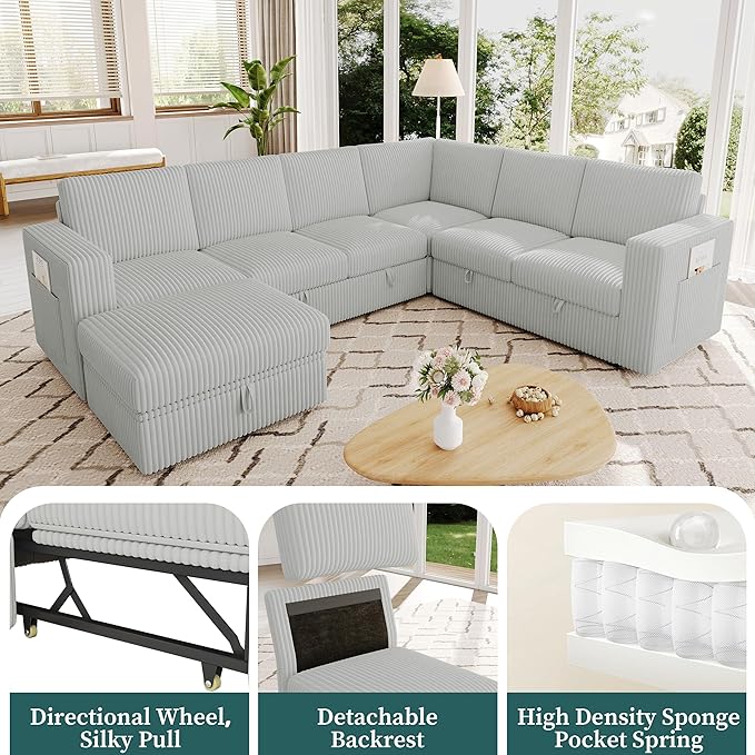 106.7" Sectional Sleeper Sofa with Pull Out Couch, Modern 7 Seat U Shaped Modular Couch, Sectionals Modular Sofa with Storage, Comfy Corduroy Couches Sectional for Living Room, Light Gray