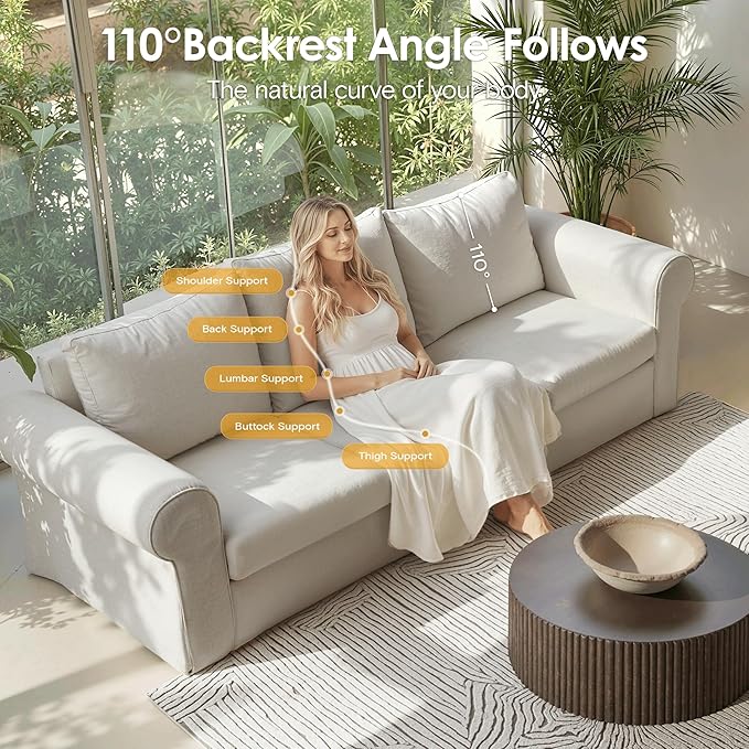89" 3 Seater Sofa for Living Room, Deep Seated Comfy Couch High Back Suppor Removable Washable Couches, Modern Farmhouse Rolled-Arm Sofas - Grey