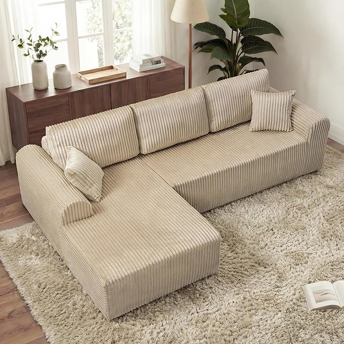109“L-Shaped Sectional Sofa Boneless Couch Upholstery Cloud Modular Couch with Chaise No Assembly Required Corduroy Fabric Combination Deep Seat Living Room Bedroom(Camel, Left Hand Facing)
