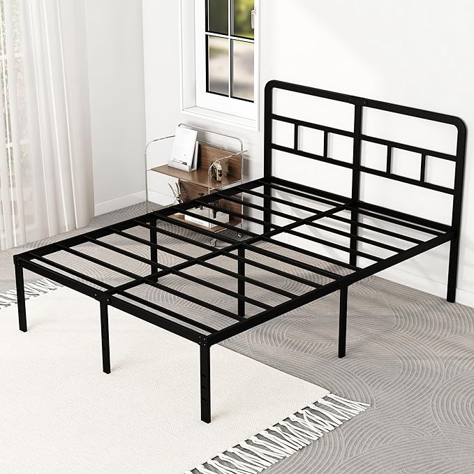 DiaOutro 18 Inch Full Size Bed Frame with Headboard No Box Spring Needed, Heavy Duty Metal Platform with Steel Slat, Mattress Foundation, Easy Assembly, Noise Free, Black