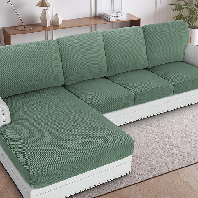 H.VERSAILTEX Sectional Couch Covers 4 Pieces Sofa Seat Cushion Covers L Shape Separate Cushion Couch Chaise Cover for Both Left/Right Sectional Couch (Seat Only: 1 Chaise + 3 Sofa, Loden Frost)