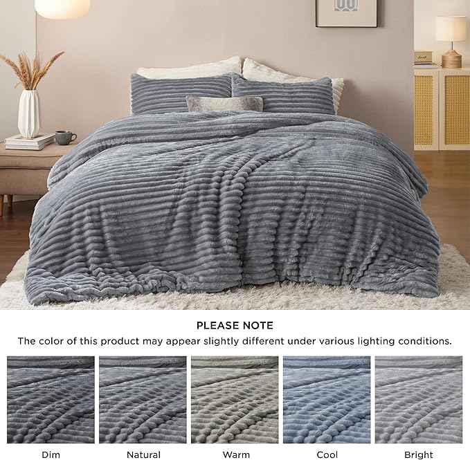 Bedsure King Comforter - GentleSoft™ 3 Pieces Double-Side Fleece Fluffy Grey Comforter Set, Cozy Striped Room Decor Aesthetic, Luxury King Size Bedding with 2 Pillowcases, 104x90 Inches