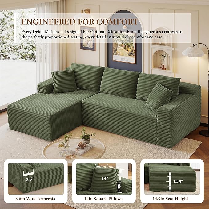 95" Sectional Couches for Living Room Cloud Couch Sofa with L-Shape Upholstered Boneless Couchs Modern Modular Sectional Couch with Chaise (Green, 95" W+Left Facing Chaise+2Seaters)