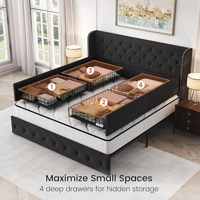 LARMACE King Size Bed Frame with 4 Storage Drawers and 47.2" Tall Tufted Headboard Velvet Upholstered Platform Bed Frame Wingback Beds with Wooden Slats Support, Easy Assembly, Black