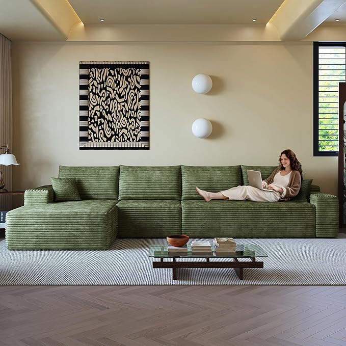 136" Sectional Couches for Living Room Cloud Couch Sofa with L-Shape Upholstered Boneless Couchs Modern Modular Sectional Couch with Chaise (Green, 136" Right Facing Chaise+3Seaters)