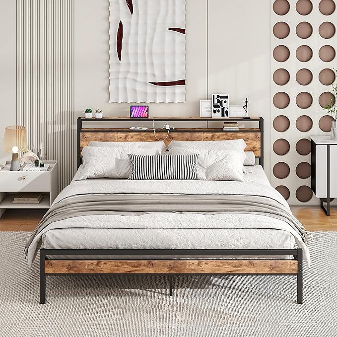 BOFENG Metal Platform King Size Bed Frame with Storage Headboard and USB Charging Station,King Bed Frame No Box Spring Needed,Sturdy and Noise-Free,Easy Assembly,Brown