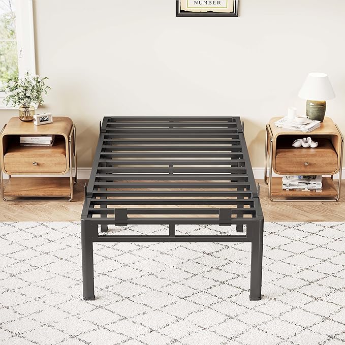 ROIL 14 Inch Twin Size Bed Frame, Double Layer Metal Bed Frame with Round Corner Legs, 4000LBS Bed Frame & Box Spring 2 in 1 Platform with Headboard Holes Mattress Baffles, Noise-Free Easy Assembly