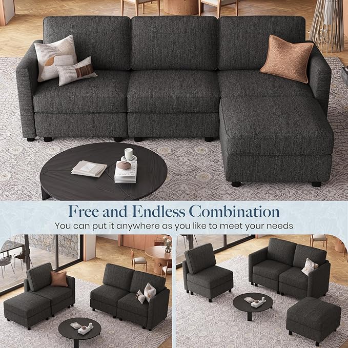 Belffin 84.3" 4 Seats L Shaped Couch Modular Sectional Sofa Washable Sectional Couches for Living Room Comfy Couches with Storage Seat Couch Sofas with Chaise,Dark Grey