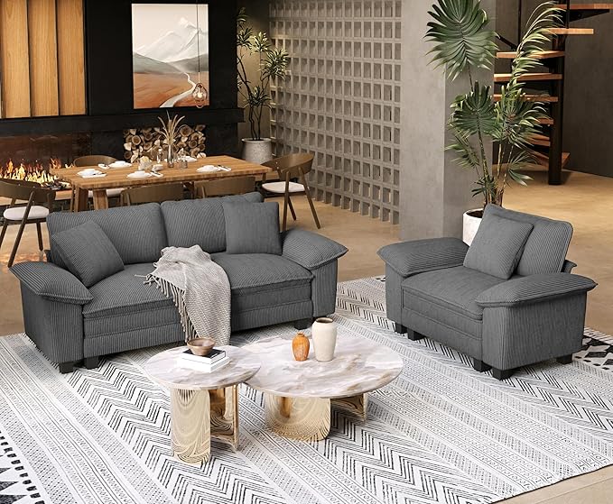 87.5'' Oversized Loveseat Couch and Chair Set, 3-Seat Corduroy Modern Modular Cloud Sofa with Pillow, 2 Piece Living Room Deep Sectional Sofa Furniture Set for Apartment, Grey