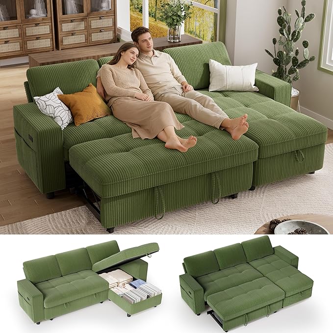 Vipbear Sectional Sleeper Couch with Pull Out Sofa Bed, L Shaped Plush Corduroy Couch with Reclining Backrest & Storage & USB Charging, Convertible Cloud Sectional Sofa Bed for Living Room, Green | Breathable material, Tool-Free Assembly, Reclining Bac...