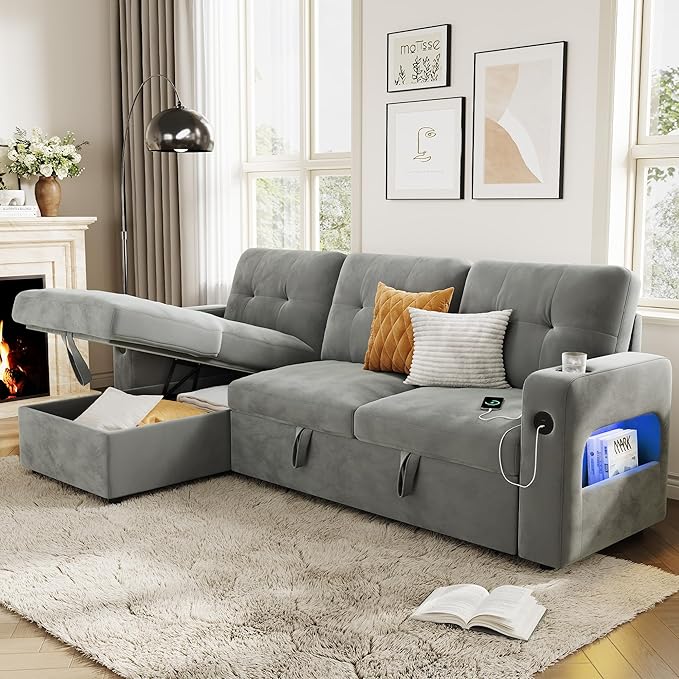 GarveeHome 84 Inch Sleeper Sofa Couch, L-Shaped Sofa, Convertible Pull Out Sofa Bed with Storage, Charging Station, Led Lights, Modern Sectional Sofa for Living Room, Apartment, Velvet, Light Grey