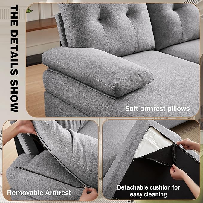 111" Sectional Couch for Living Room, Modern Polyester Fibre U Shaped Sofa Couches with Double Chaise, Upholstered 4 Seater Sofa for Living Room, Apartment, Office, Light Grey