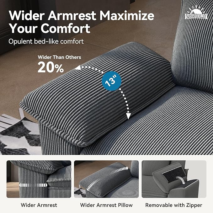 3 Piece Living Room Sofa Furniture Set, Oversized Corduroy Modular 2 Loveseat and 3-Seat Couch with Pillow, 7-Seat Modern Cloud Sectional Deep Seat for Apartment, Grey