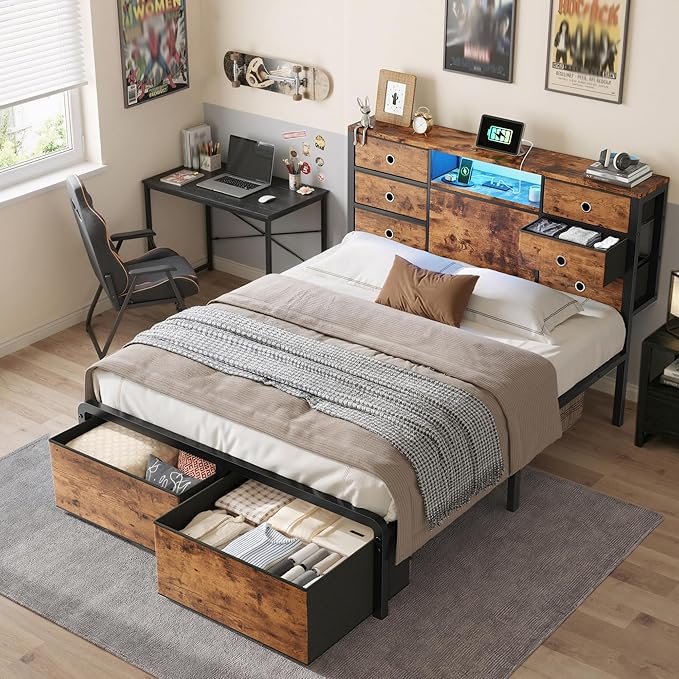 Homkdom Full Size Bed Frame with 8 Fabric Storage Drawers, LED Lights & Charging Station, Metal Platform Bed Frame with Headboard Storage,No-Noise,Easy Assembly,Modern Brown