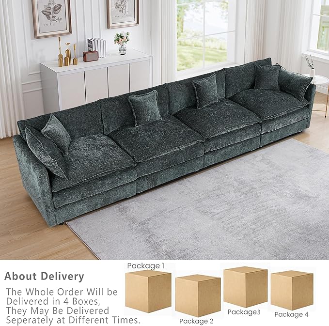 Setawix Chenille Cloud Couches for Living Room,4 Seater Cloud Sofa Couch with Deep Seat,147.22" Roomy Cloud Sofas,Modular Sectional 4 Seat Sofa with Pillows for Bedroom (Grey, 4 Seater)