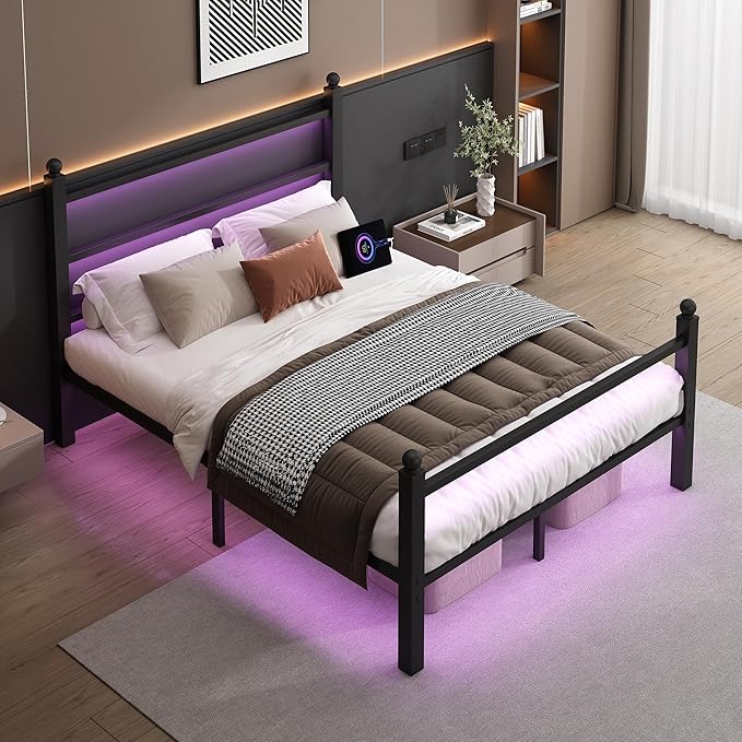 CLIBFENG Full Size Bed Frame with Headboard and Footboard,Steel Slats Support-LED Bed Frame with USB Charging Station,Mattress Foundation-Under Bed Storage, No Box Spring Needed,Noise Free,Black