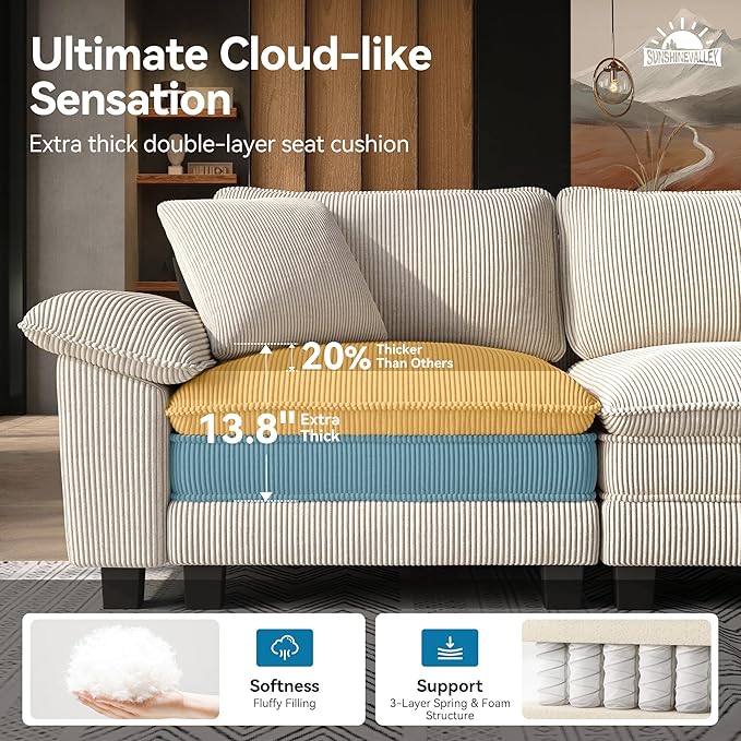 U Shaped Modular Cloud Couch, 123.6'' Comfy Corduroy Sectional Sofa with Wider Armrest and Ottoman, Upholstered 5-Seat Modern Deep Seat for Bedroom Living Room, Beige