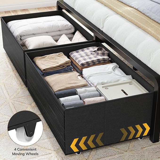 Homkdom Queen Size Bed Frame with 8 Fabric Storage Drawers, LED Lights & Charging Station, Metal Platform Bed Frame with Headboard Storage,No-Noise,Easy Assembly,Black