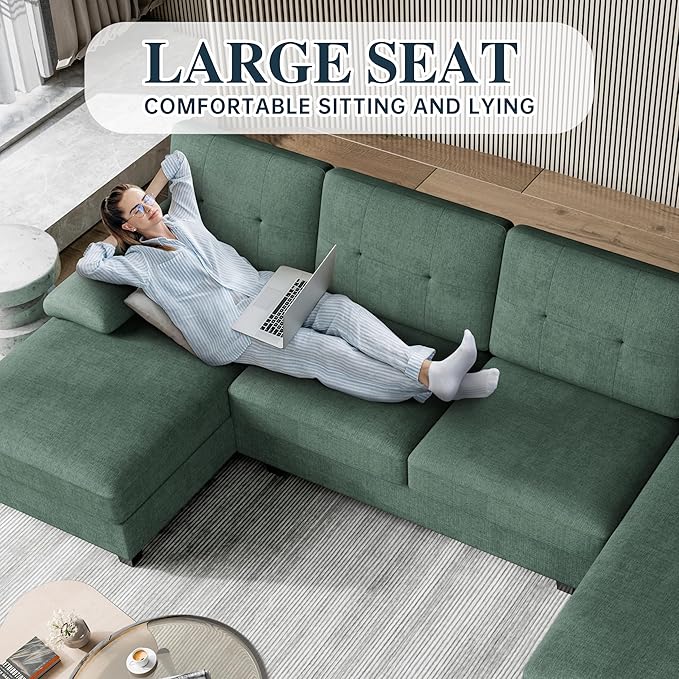 Meilocar Sectional Couches for Living Room, 106 in U Shaped Couch Soft Sectional Sofa with Double Chaise, Comfortable Fabric 4 Seat Sofa Couch for Apartment (Green)