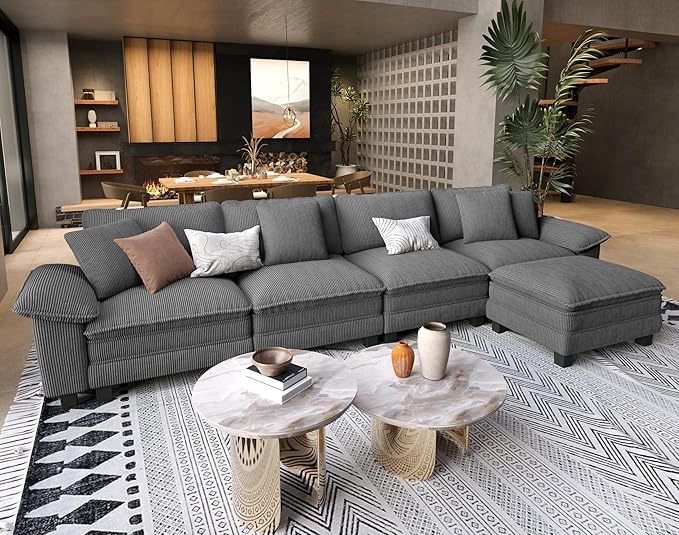 L Shaped Modular Cloud Couch, 157.5'' Oversized Corduroy Sectional Sofa with Wider Armrest and Ottoman, Upholstered 5-Seat Modern Deep Seat for Bedroom Living Room, Grey