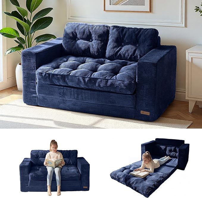 MAXYOYO Convertible Sofa Bed, Pull Out Loveseat Sleeper Sofa, 2 in 1 Folding Couch Bed, Fold Out Floor Couch with Pillows for Living Room Lounge, Navy